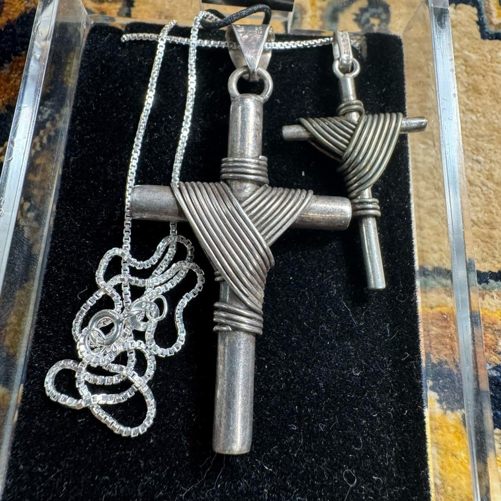 925 Sterling Silver Pendants (2) & 925 Chain Necklace Matching Cross Wrapped Set